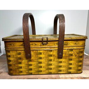 Vintage Yellow Woven Metal Picnic Basket With Wooden Handles & Hinged Lid